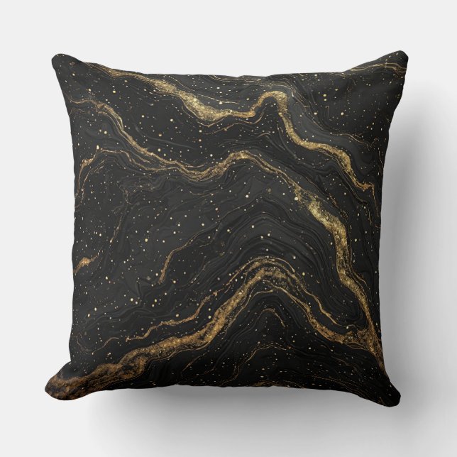 Black Marble Gold Veins Luxury Abstract Throw Pillow (Front)