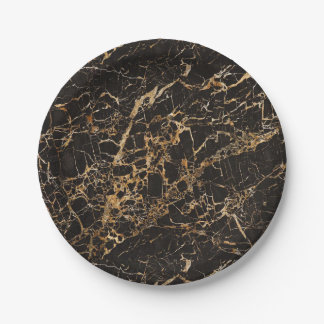 Black Marble Gold Veins Paper Plate