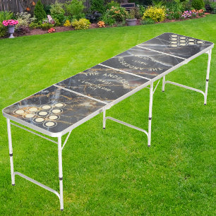 Black Marble & Gold Vintage Seaside Family Name Beer Pong Table
