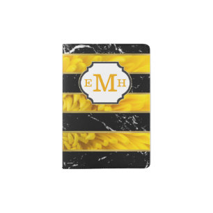 Black Marble Gold Yellow Floral Monogrammed Passport Holder