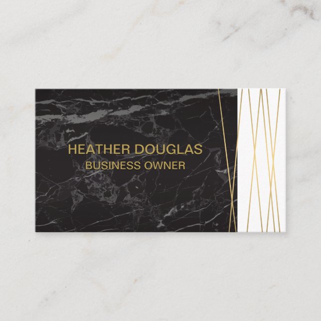 Black Marble | Golden Abstract Lines Business Card (Front)
