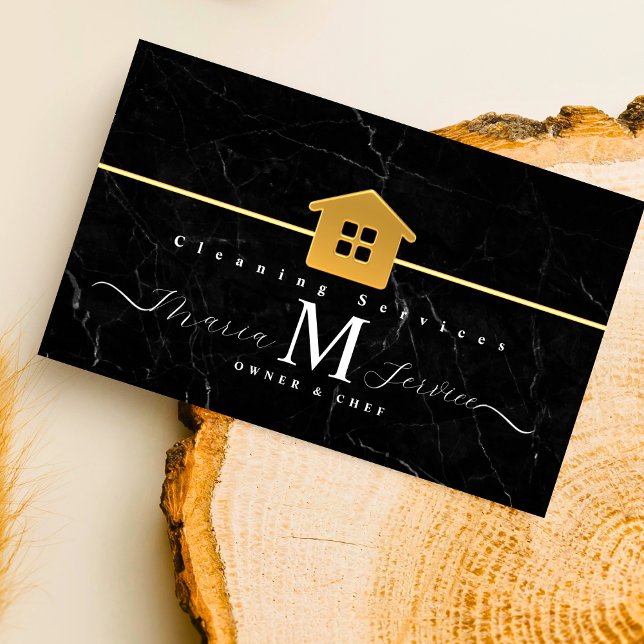 black marble golden house design cleaning service  business card (Creator Uploaded)