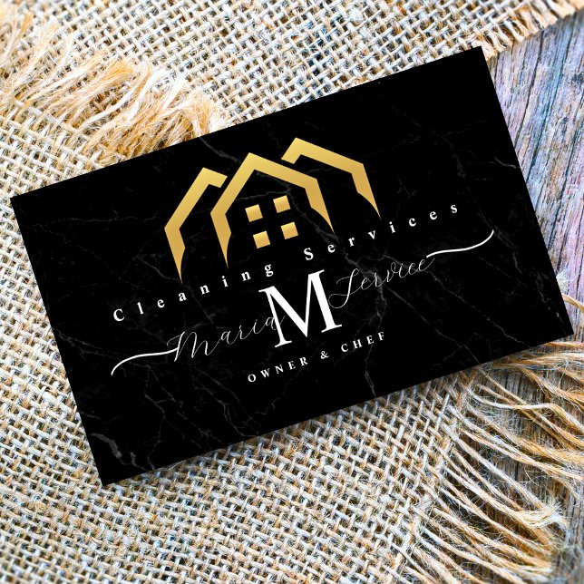 black marble golden house design cleaning service  business card (Creator Uploaded)