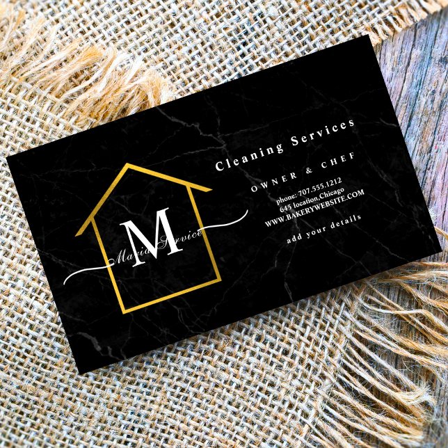 black marble golden house design cleaning service  business card (Creator Uploaded)