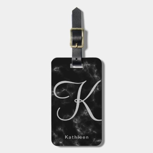 Black Marble Gray Monogrammed Initial Luggage Tag