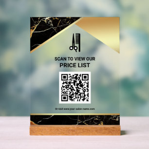 Black Marble Hair Makeup Salon QR Code Price List Acrylic Sign