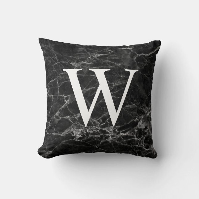 Black Marble Initial Monogram Home Decor Throw Pillow (Front)