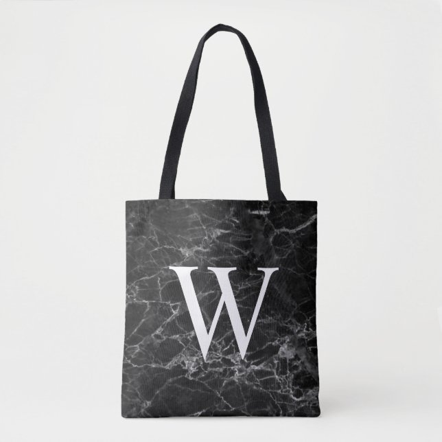 Black Marble Initial Monogram Tote Bag (Front)