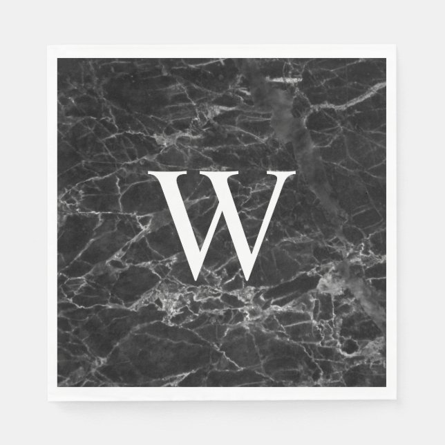 Black Marble Initial Square Custom Paper Napkins (Front)
