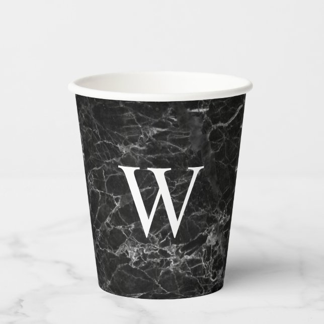 Black Marble Initial Square Drink Paper Cups (Front)