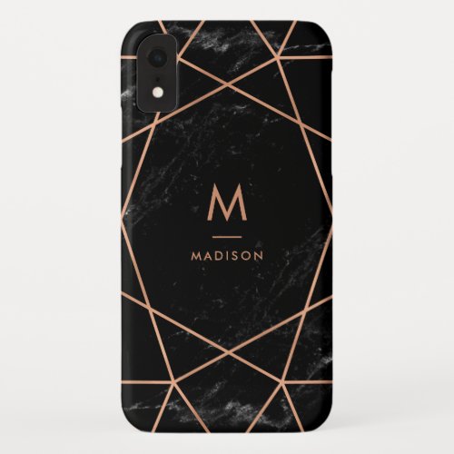 Black Marble Look with Faux Rose Gold Geometrics iPhone XR Case