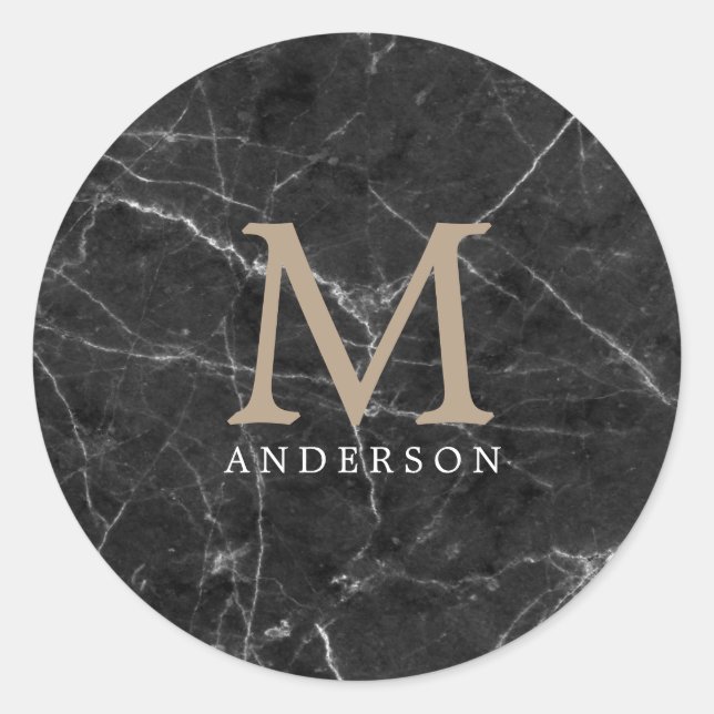 black marble masculine double monogram classic round sticker (Front)