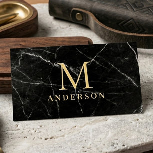 Black Marble Masculine Double Monogram Foil Spot Gloss Business Cards