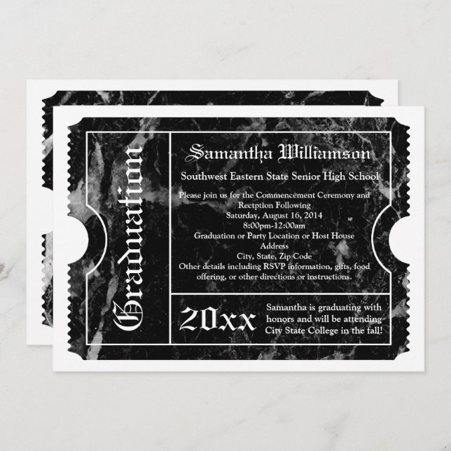 Black Marble Modern Graduation Ticket Invitation (Front/Back)