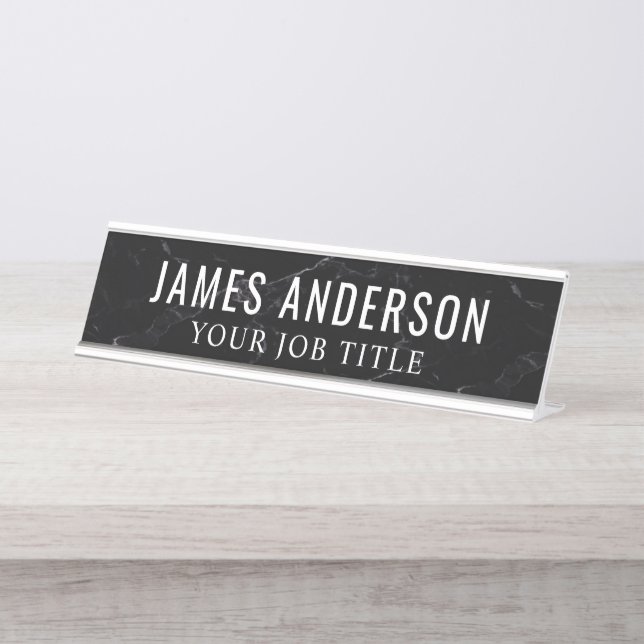 Black Marble Modern Office Employee Desk Name Plate (Front)