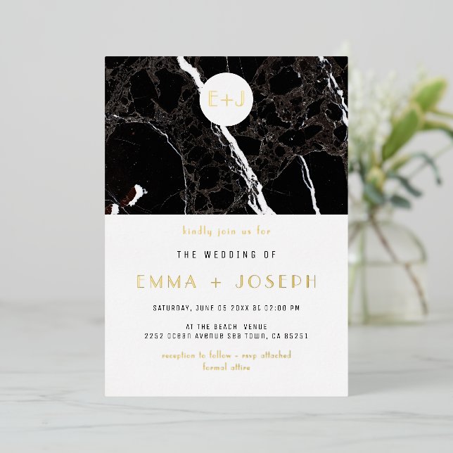 Black Marble Modern Simple Wedding Gold Foil Invitation (Standing Front)