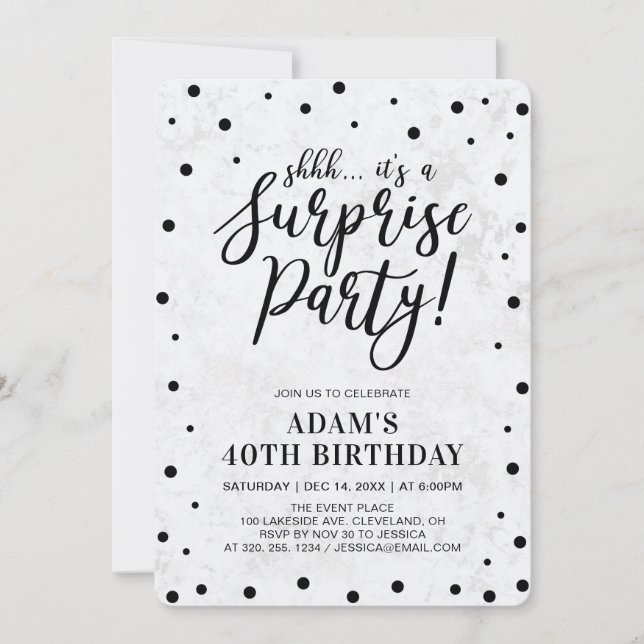 Black & Marble | Modern Surprise Birthday Party Invitation (Front)