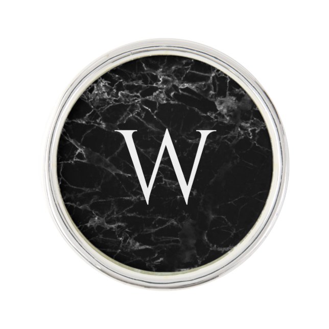 Black Marble Monogram Elegant Modern White Initial Lapel Pin (Front)