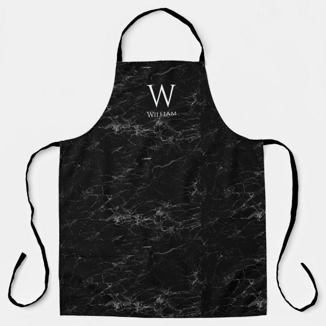 Black Marble Monogram Modern Elegant White Name Apron (Front)