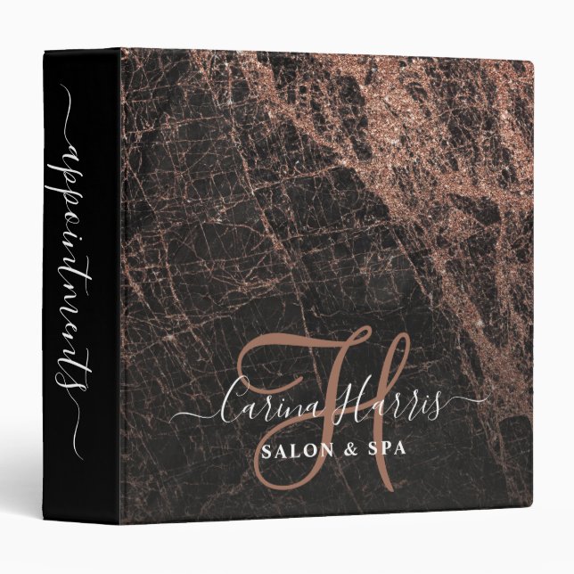 Black Marble Monogram Salon Appointment Book 3 Ring Binder (Front/Spine)