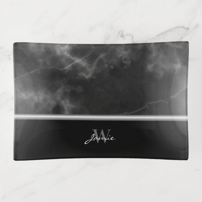 Black Marble Monogram Small Rectangle Soap Dish (Front)