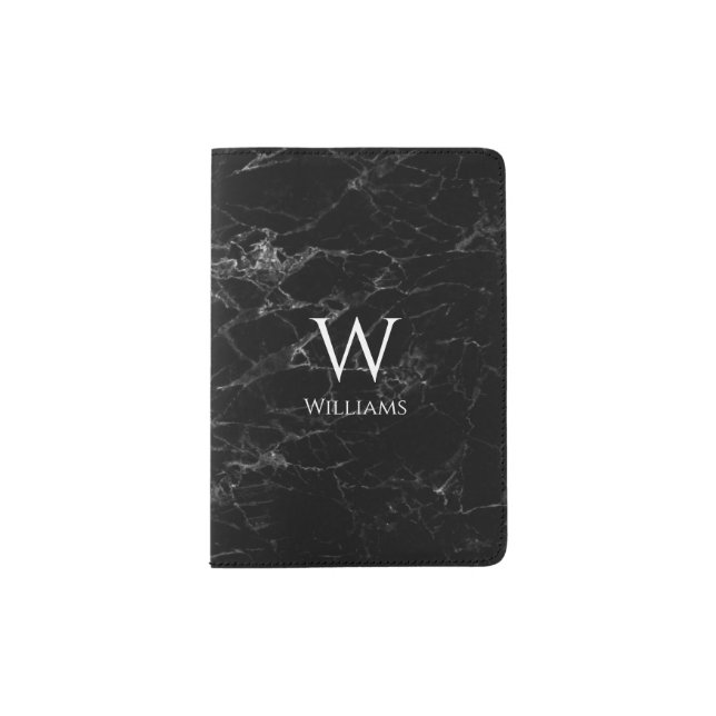 Black Marble Monogram White Initial Custom Name  Passport Holder (Front)