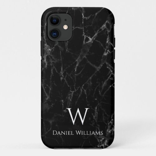 Black Marble Monogram White Name Modern Elegant iPhone 11 Case