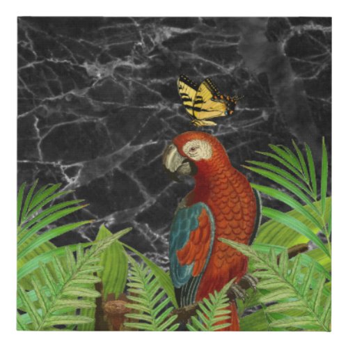 Black Marble Parrot and Butterfly  Faux Canvas Print