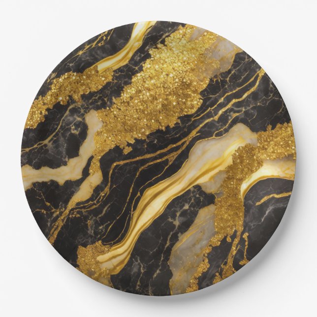 Black Marble Pattern with Gold Paper Plates (Front)