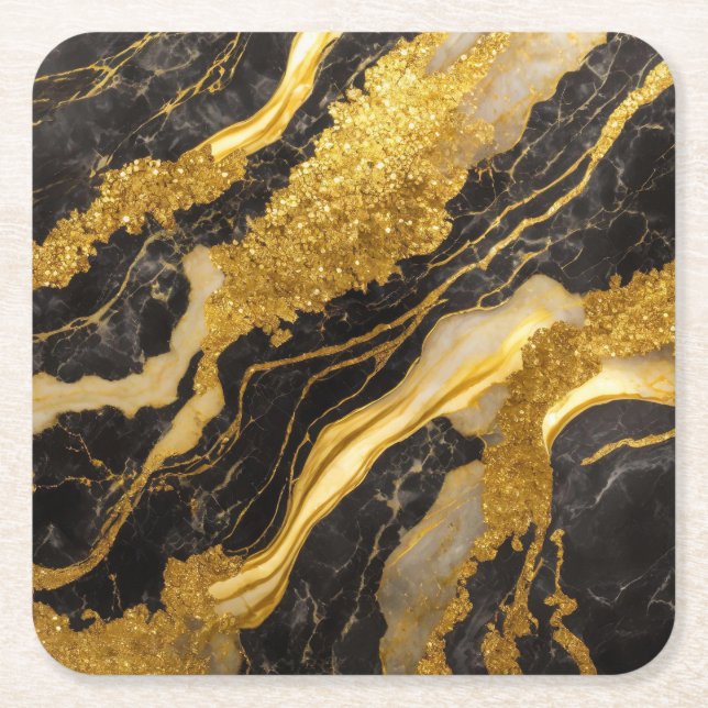 Black Marble Pattern with Gold Square Paper Coaster (Front)