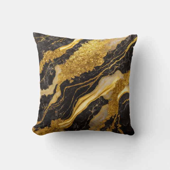 Black Marble Pattern with Gold Throw Pillow (Front)