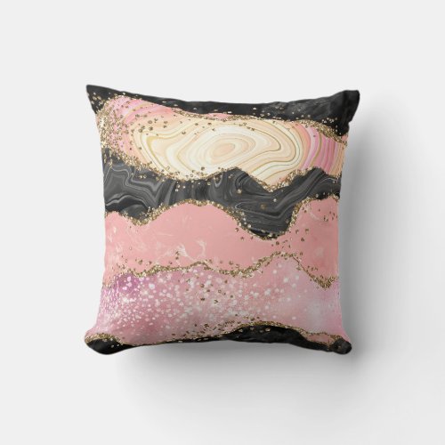 Black Marble Pink Sparkle Gold Glitter Agate Glam Throw Pillow