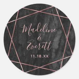 Black Marble Rose Gold Lines Geo Monogram Wedding Classic Round Sticker