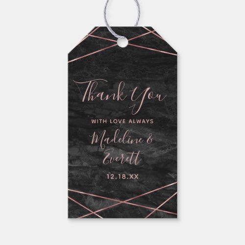 Black Marble Rose Gold Lines Geo Wedding Thank You Gift Tags