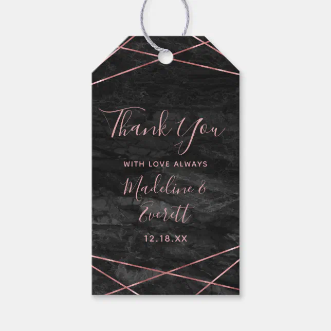 Black Marble Rose Gold Lines Geo Wedding Thank You Gift Tags | Zazzle