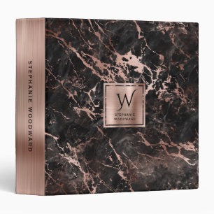 Black Marble Rose Gold Monogram 3 Ring Binder