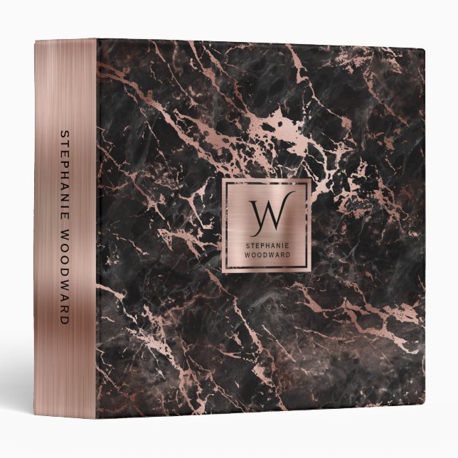 Black Marble Rose Gold Monogram 3 Ring Binder (Front/Spine)