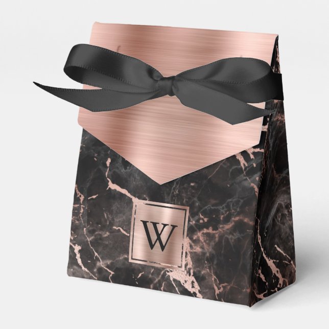 Black Marble Rose Gold Monogram Favor Boxes (Front Side)