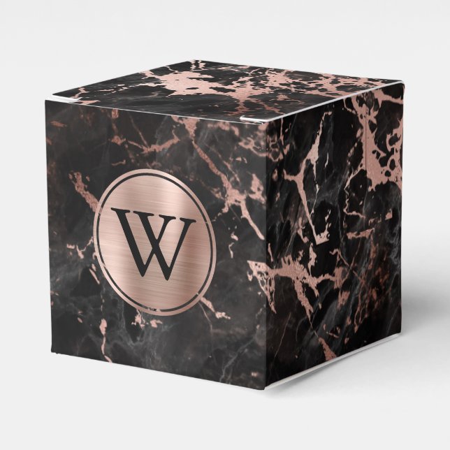 Black Marble Rose Gold Monogram Favor Boxes (Front Side)