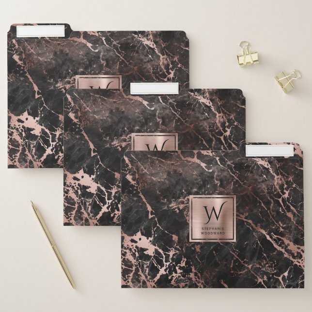Black Marble Rose Gold Monogram File Folder (Set)