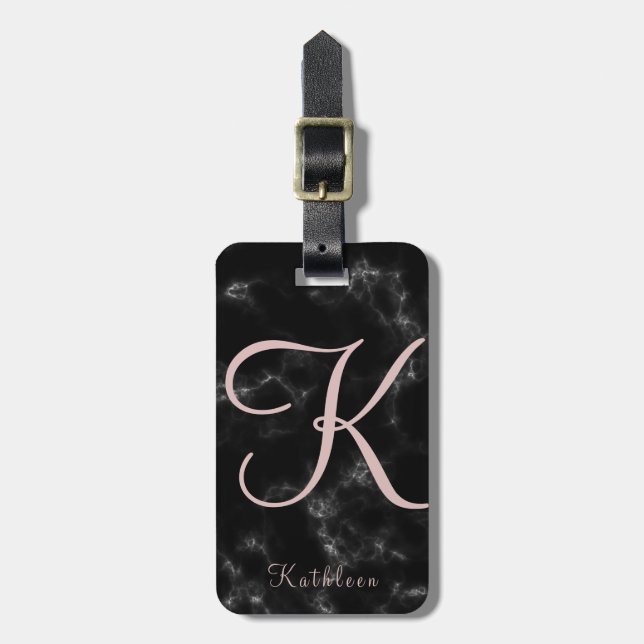 Black Marble Rose Gold Monogrammed Initial Luggage Tag (Front Vertical)