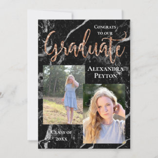 Black Marble Rose Gold Script Photo Graduation Invitation