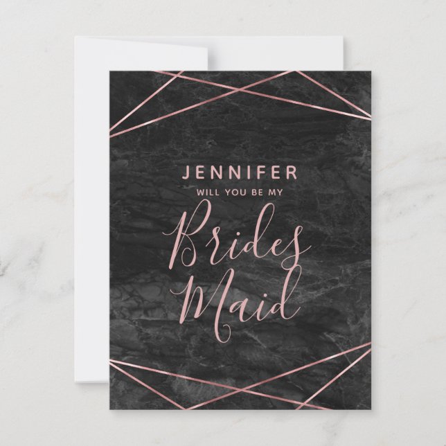 Black Marble Rose Gold Will You Be My Bridesmaid Invitation (Front)