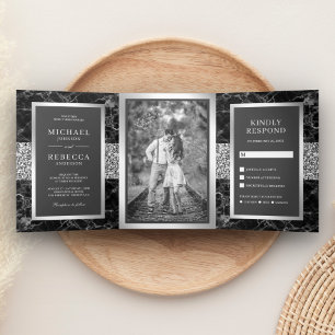 Black Marble Silver Glitter Dark Grey Wedding Tri-Fold Invitation