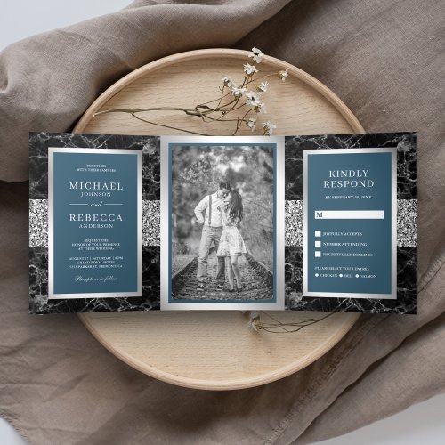 Black Marble Silver Glitter Dusty Blue Wedding Tri_Fold Invitation