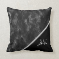 Black Marble Silver Gray Trim Monogram Accent Throw Pillow