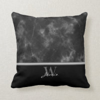 Black Marble Silver Gray Trim Monogram Accent Throw Pillow