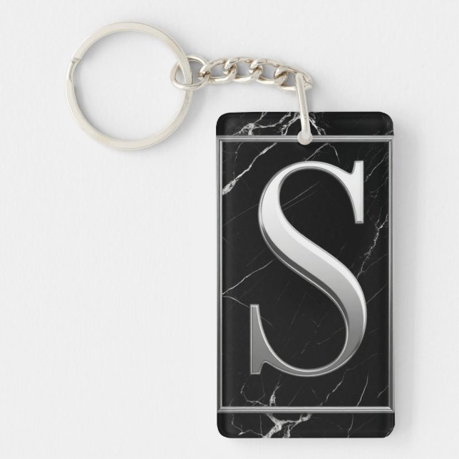⚜️ Black Marble Silver S Monogram Frame 🔑 Keychain (Front)