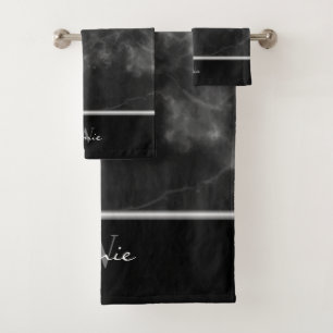 Black Marble Silver Trim Monogram Men's  Bath Towel Set