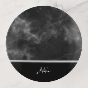 Black Marble Silver Trim Monogram Round Soap Dish
